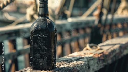 Wallpaper Mural Weathered glass bottle sitting on old, worn wooden railing by dock Torontodigital.ca