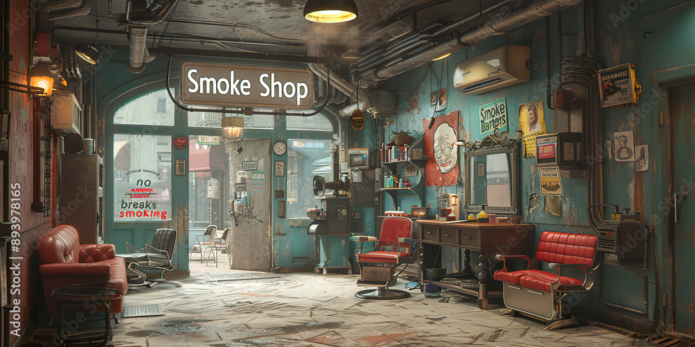 Fototapeta premium A vintage smoke shop interior with red leather barber chairs and a sign reading 
