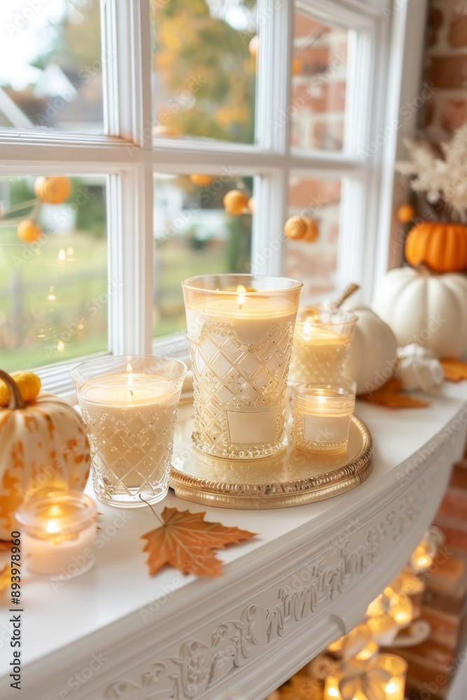 Autumn themed candle product photo with seasonal decor with leaves and pumpkins for cozy ambiance Autumn themed candle product photo with seasonal decor with leaves and pumpkins for cozy ambiance