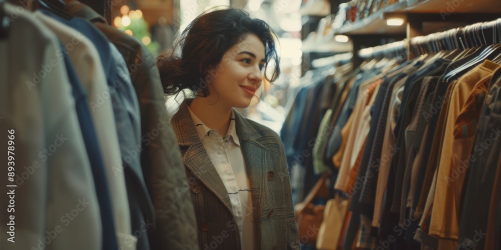 A woman browsing in a clothing store, surrounded by jackets and other apparel. A woman browsing in a clothing store, surrounded by jackets and other apparel.