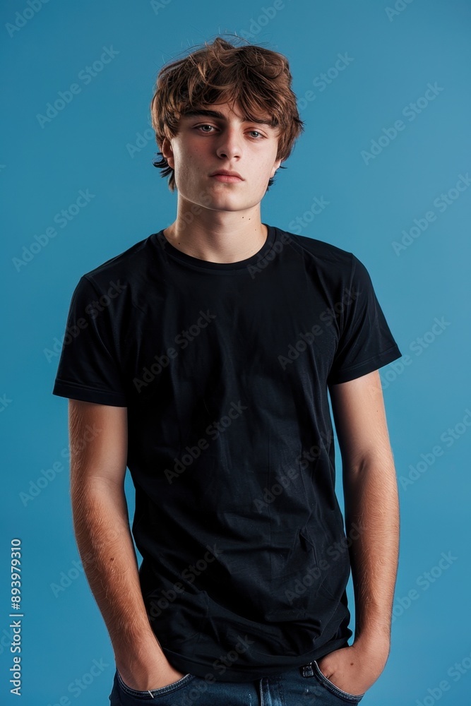 Fototapeta premium Portrait of a young man with short dark hair, wearing black t-shirt and jeans, against blue background. His expression is neutral.