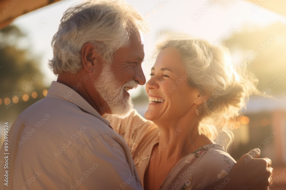 Two elderly individuals in a romantic embrace, capturing the essence of love and companionship. They are enjoying each other's company under a warm sunset. Two elderly individuals in a romantic embrace, capturing the essence of love and companionship. They are enjoying each other's company under a warm sunset.