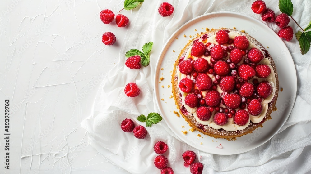 Creamy cake topped with fresh red raspberries on white plate and cloth Creamy cake topped with fresh red raspberries on white plate and cloth