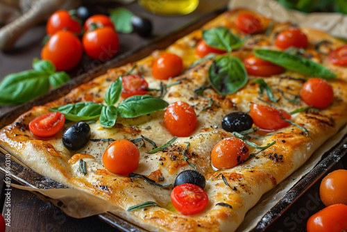 A freshly baked focaccia, rectangular pizza topped with cherry tomatoes, black olives, and basil leaves on a baking tray. ideal for themes of homemade food, Italian cuisine, and comfort food. photo