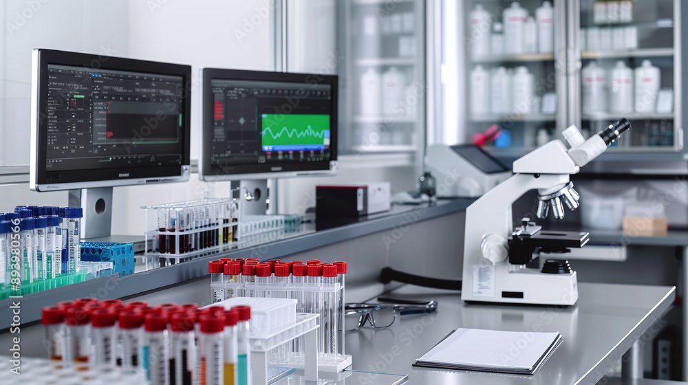 a clean, modern biotech laboratory with advanced equipment like microscopes, petri dishes, and computer monitors displaying DNA sequences a clean, modern biotech laboratory with advanced equipment like microscopes, petri dishes, and computer monitors displaying DNA sequences