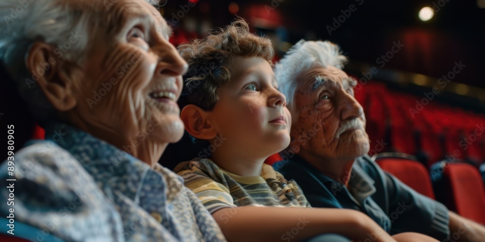 Older and younger people sharing a movie theater experience, smiling and enjoying each other's company. Older and younger people sharing a movie theater experience, smiling and enjoying each other's company.