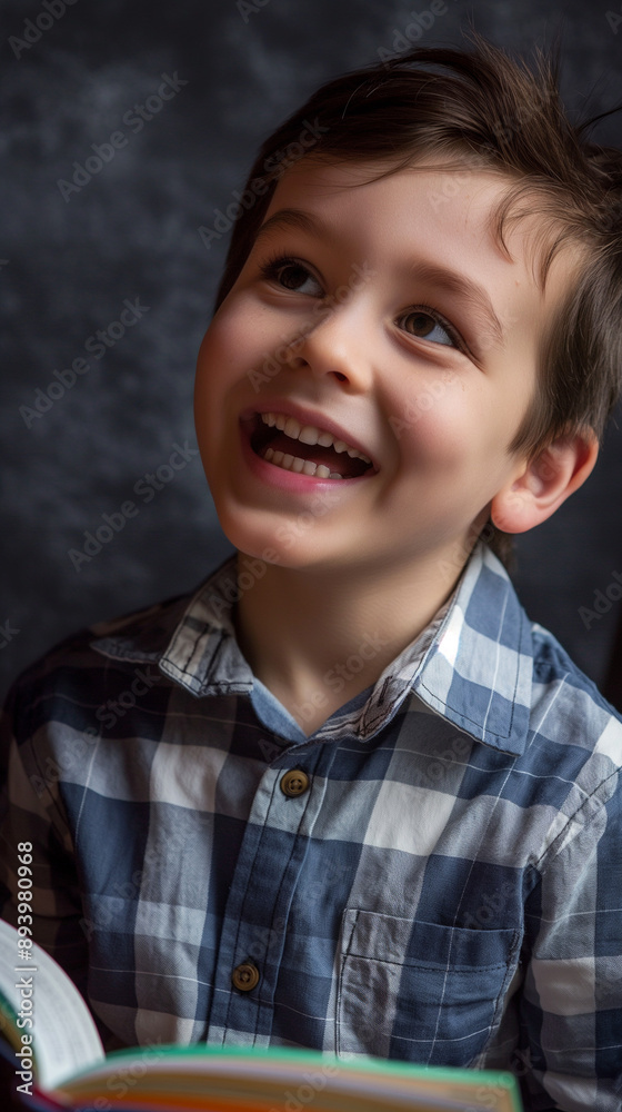 Joyful Boy Reading a Book with Enthusiasm Joyful Boy Reading a Book with Enthusiasm