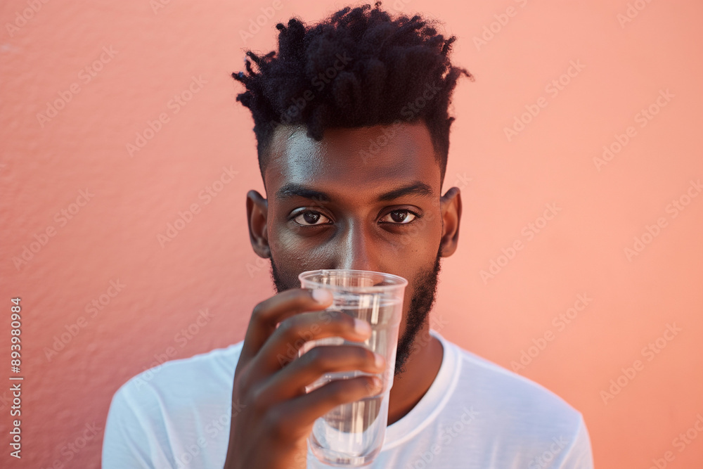 Man Drinking Water Against Peach-Colored Background Man Drinking Water Against Peach-Colored Background