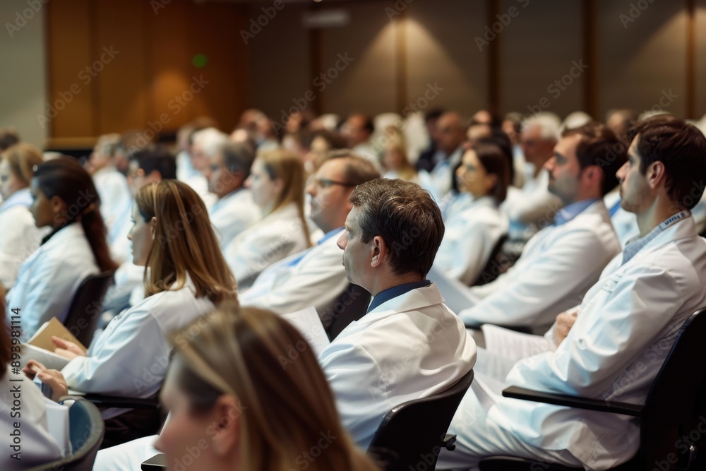 Medical professionals attending a seminar or lecture in an auditorium. They are wearing their white coats, indicating they may be doctors or nurses. Medical professionals attending a seminar or lecture in an auditorium. They are wearing their white coats, indicating they may be doctors or nurses.