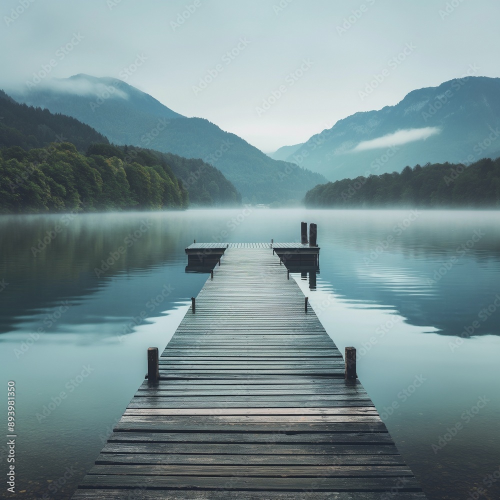 Fototapeta premium A serene lakeside view with a wooden pier and misty mountains