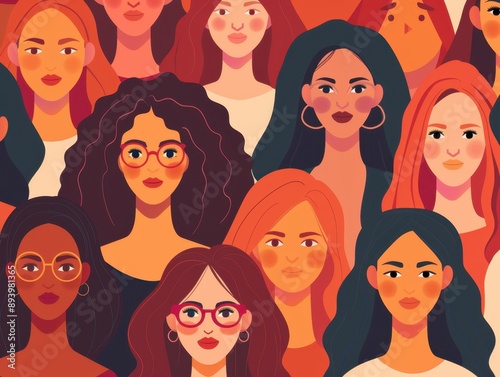 Illustration of a group of women with different hair colors and styles, wearing glasses, and various expressions. © vefimov