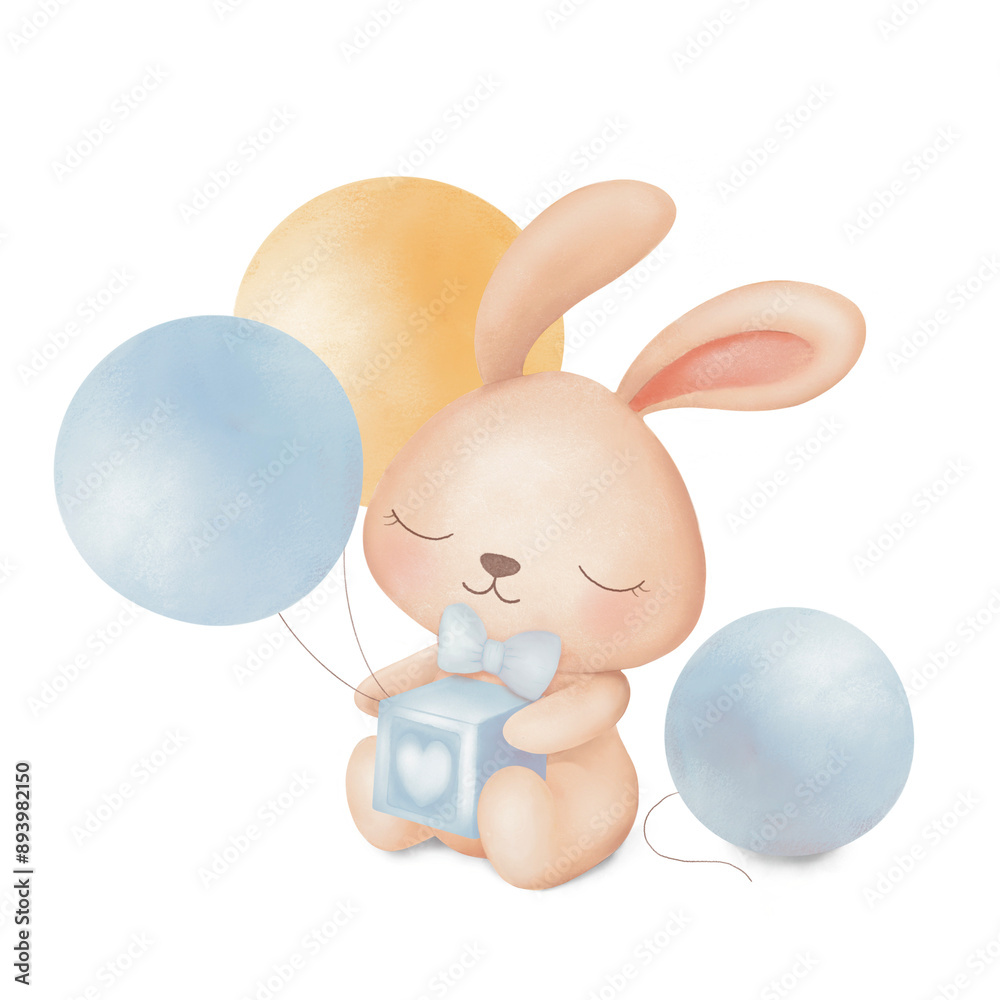 Watercolor illustration of a bunny holding a cube and balloons. Design for boys. Watercolor illustration of a bunny holding a cube and balloons. Design for boys.