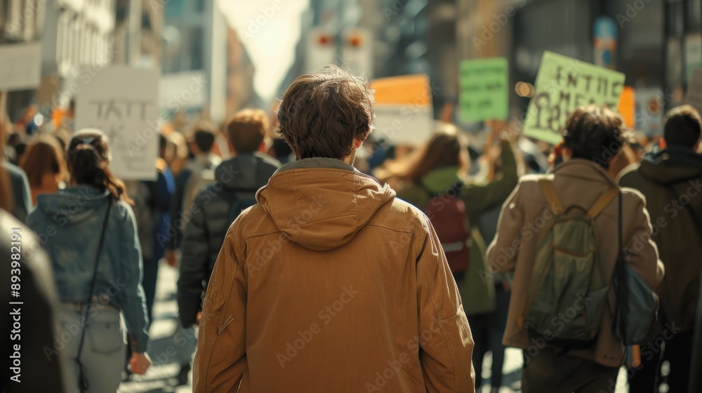 Diverse group of people demonstrating on a city street, holding signs and walking together. Diverse group of people demonstrating on a city street, holding signs and walking together.