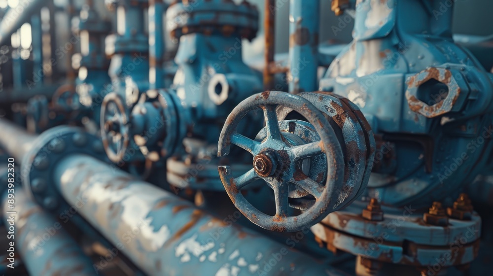 Metal pipes of an oil refinery, showcasing blue and rusty valves and pumps essential for the transportation of energy resources. Metal pipes of an oil refinery, showcasing blue and rusty valves and pumps essential for the transportation of energy resources.