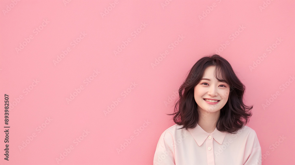 Young smiling Korean woman on a plain pink background