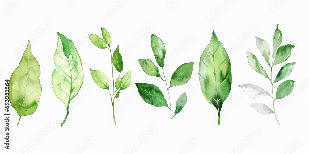 Collection of illustrated leaves and stems in a monochromatic green palette.