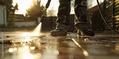 A person is cleaning their outdoor patio set with a pressure washer. The area has been cordoned off to ensure safety and protection of the garden. photo