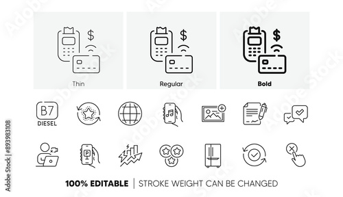 Diesel, Add photo and Signing document line icons. Pack of Reject click, Security confirmed, Video conference icon. Refrigerator, Globe, Parking app pictogram. Approve, Music app. Line icons. Vector