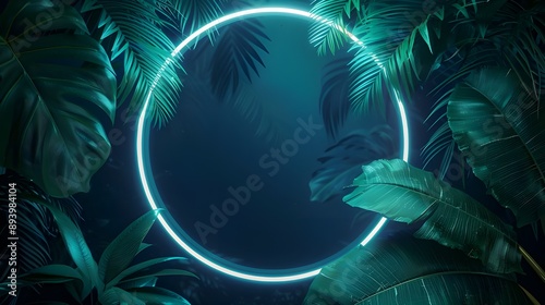 Summer background with neon frame and fluorescent tropic leaves. Nature concept. Vector illustration