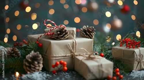 Fabulous Christmas composition with fir tree branches and gift boxes against blurred lights