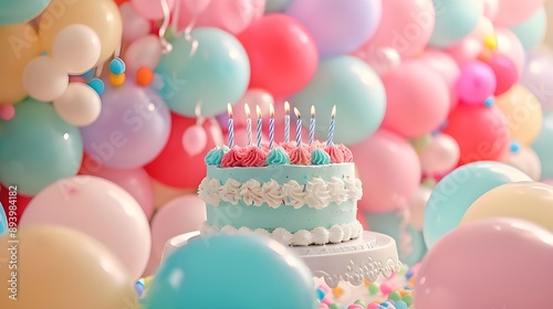 Birthday cake with candles on balloons background