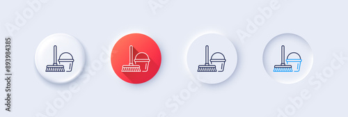 Cleaning bucket with mop line icon. Neumorphic, Red gradient, 3d pin buttons. Washing Housekeeping equipment sign. Line icons. Neumorphic buttons with outline signs. Vector