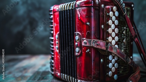 Vintage red accordion with weathered buttons and leather strap on a rustic wooden table.