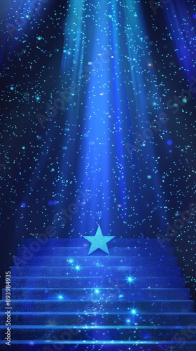 A blue staircase with a star on it. The star is shining brightly and the staircase is illuminated