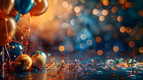 A festive scene with balloons, confetti and celebration streamers on an empty table is depicted. The background is a dark blue and orange with bokeh lights creating a sparkling effect.