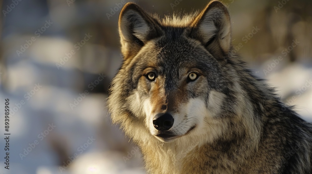 This image displays a wolf standing in the snow, its fur blending with the snowy background, as it looks ahead with an intense focus, symbolizing strength and solitude. This image displays a wolf standing in the snow, its fur blending with the snowy background, as it looks ahead with an intense focus, symbolizing strength and solitude.