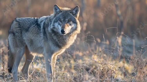 A lone wolf is captured standing in a wintry forest clearing, surrounded by snow-dusted trees and frost, embodying the untamed spirit and resilience of wildlife in cold climates.