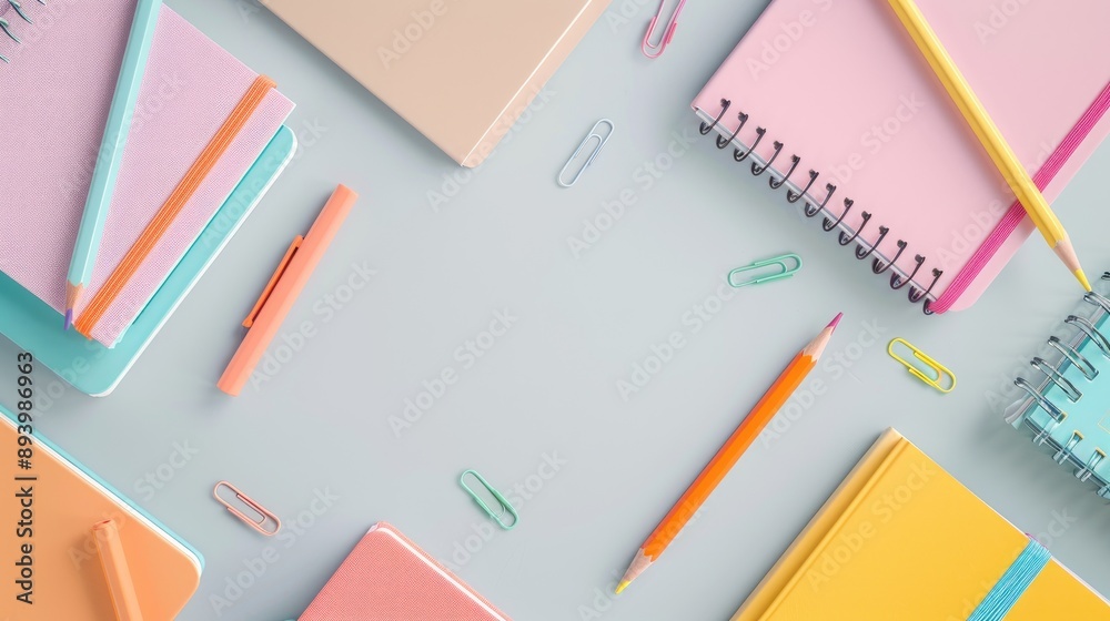 Top view of colorful pastel notebooks and pencils on a light grey background for the back to school theme