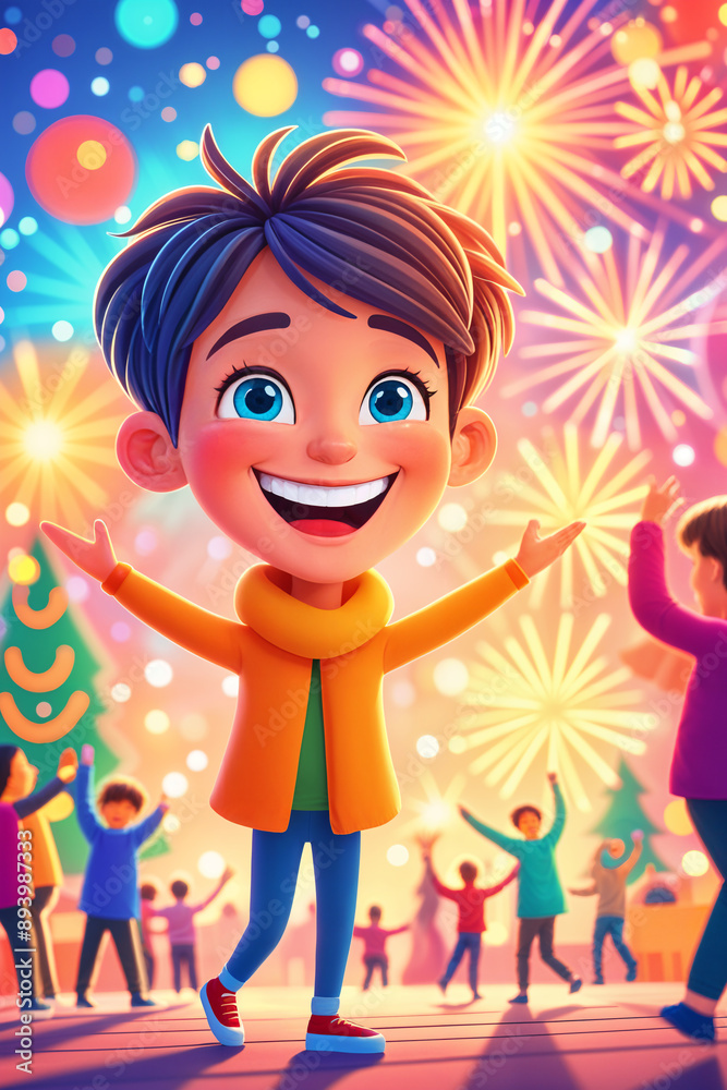 Vibrant, colorful illustration of a young boy celebrating New year's eve with a crowd of people. He is standing on a street filled with confetti and balloons, surrounded by a joyous atmosphere. Vibrant, colorful illustration of a young boy celebrating New year's eve with a crowd of people. He is standing on a street filled with confetti and balloons, surrounded by a joyous atmosphere.