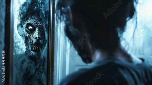 person in the mirror with a horror monster reflection on halloween