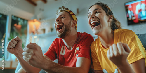 Young people watching football match in front of TV. Excited friends celebrating the victory of their team. Sports fans chanting and cheering for their soccer team. photo