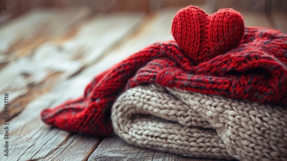 Woolen knits on wooden table. Valentine's Day poster. Woolen knits on wooden table. Valentine's Day poster.
