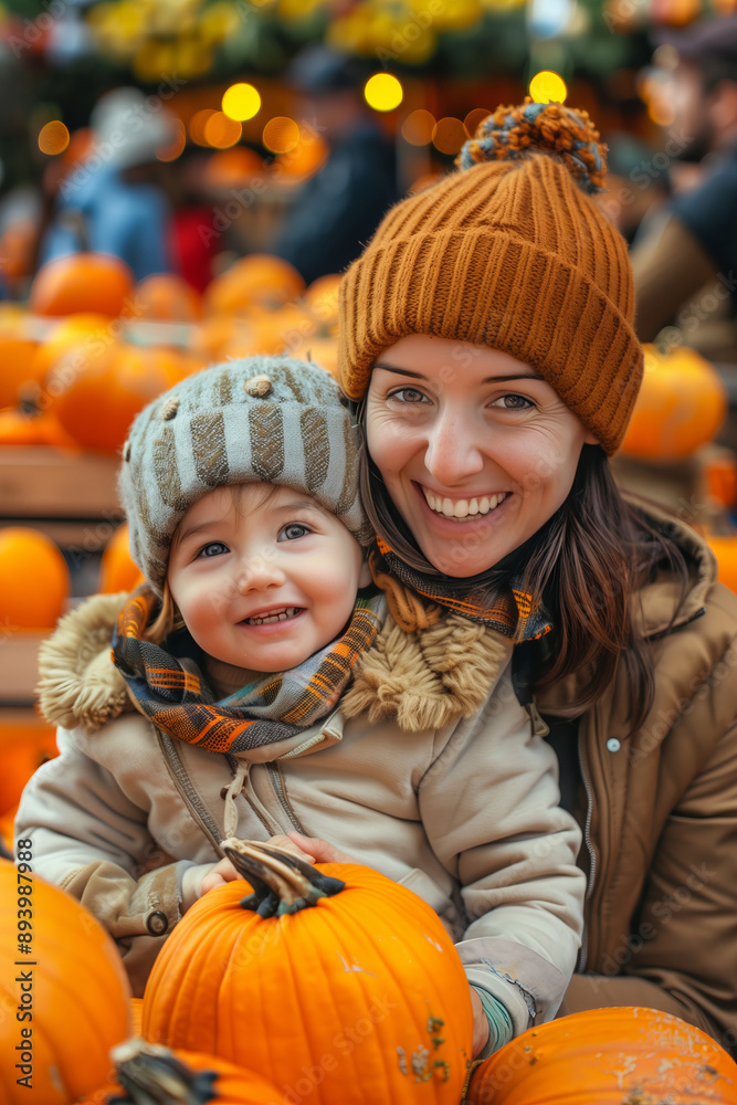 Mother and child having fun at autumn fair. Funny kid surrounded by pumpkins at seasonal town market. Thanksgiving fun and activities for families with kids. Mother and child having fun at autumn fair. Funny kid surrounded by pumpkins at seasonal town market. Thanksgiving fun and activities for families with kids.