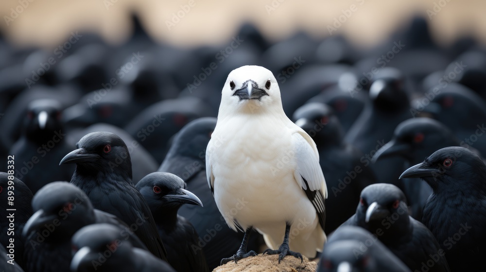 Uncommon sight - a white crow in a flock of black crows, illustrating ...