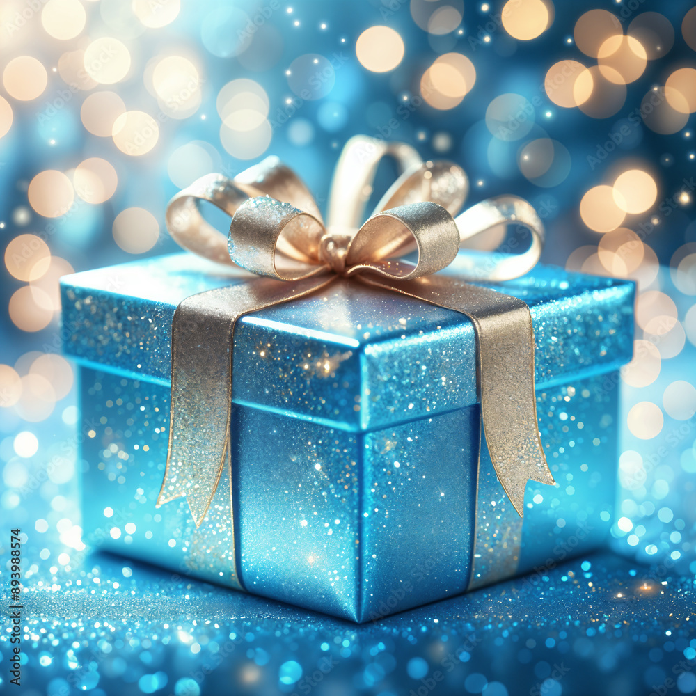 Beautifully wrapped blue gift box with a gold ribbon, set against a sparkling bokeh background. Beautifully wrapped blue gift box with a gold ribbon, set against a sparkling bokeh background.