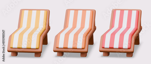 Collection of sunbeds in different colors, front view. Empty beach furniture for complete relaxation