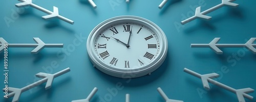 A classic wall clock with Roman numerals surrounded by arrow-shaped decorations, symbolizing time and direction in a minimalist design.