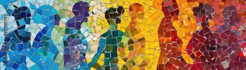 Vibrant mosaic artwork featuring colorful silhouettes in various shades and patterns, symbolizing artistic cooperation.