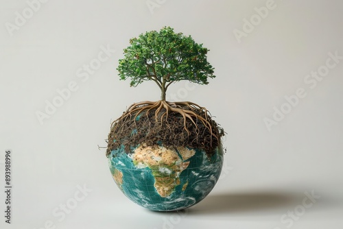 A globe with tree roots, symbolizing global growth.