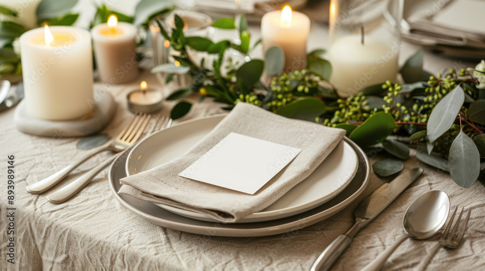 A simple wedding table setting with beige linen napkins, silverware and plates, featuring an empty white card for a place on the top of one plate A simple wedding table setting with beige linen napkins, silverware and plates, featuring an empty white card for a place on the top of one plate