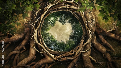 A tree with roots and branches forming a circle, symbolizing interconnected growth.