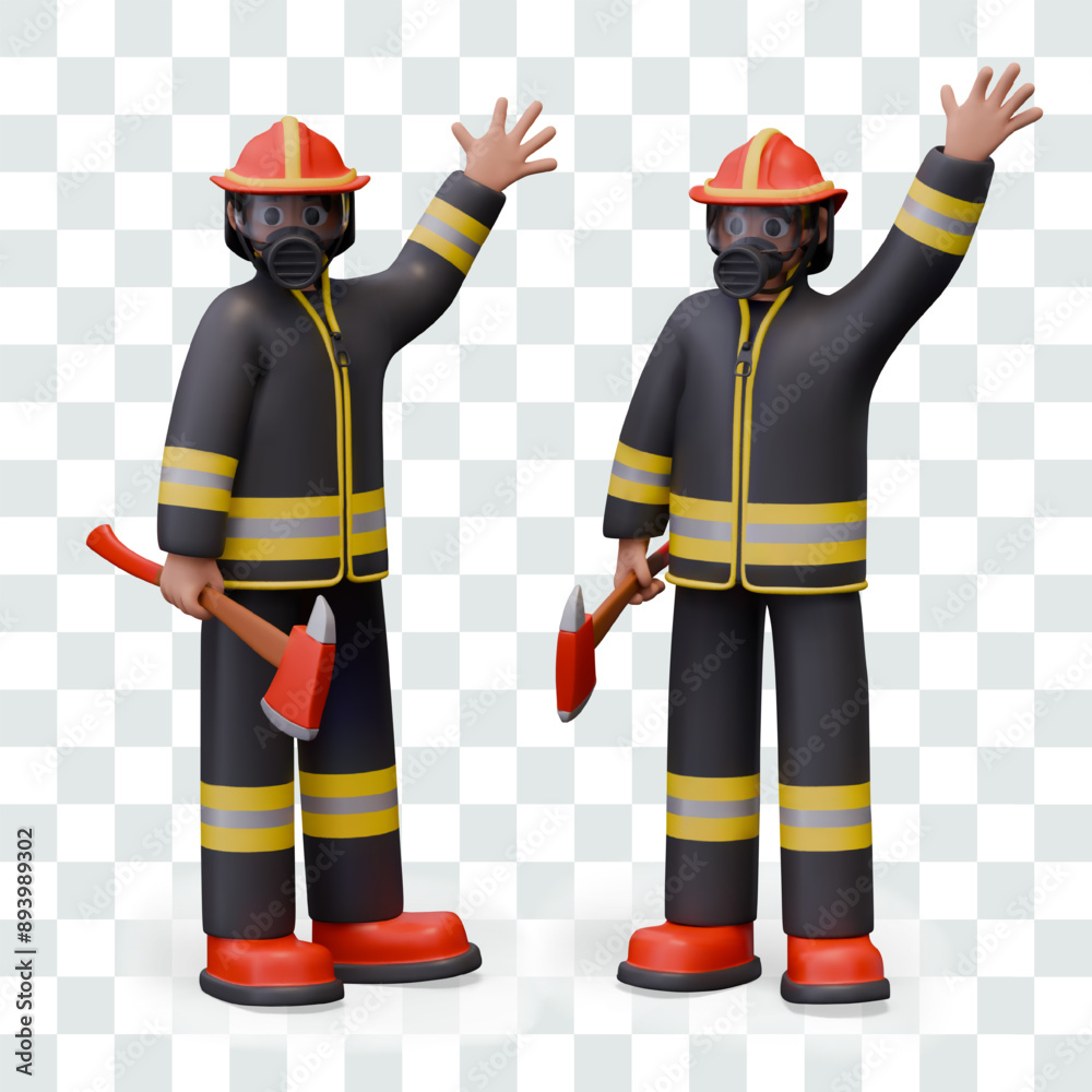 Fototapeta premium 3D firefighter raised his hand up, view from different sides. Man in fireman protective suit