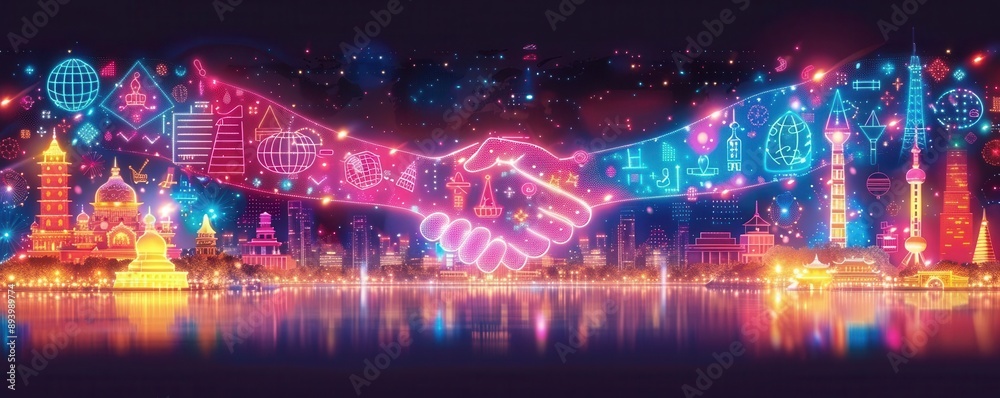 Fototapeta premium A vibrant neon handshake over a futuristic cityscape, symbolizing global connections, technology, and partnership.