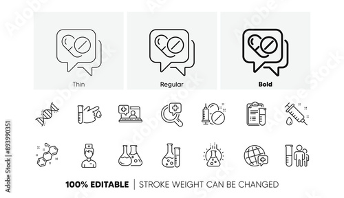 Drug testing, scientific discovery and disease prevention icons. Medical healthcare, doctor line icons. Chemical formula, chemistry testing lab. Linear set. Line icons set. Vector