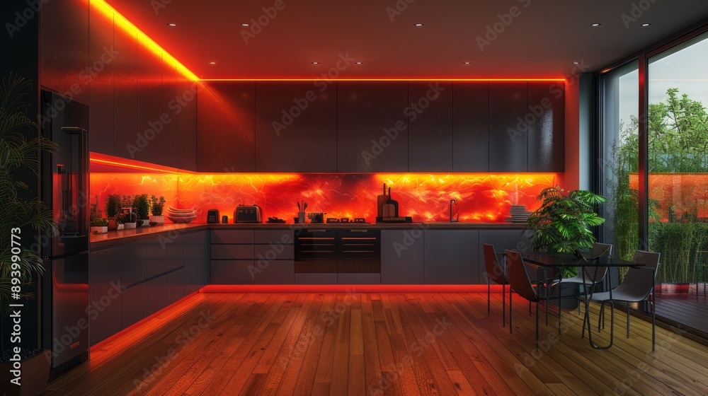 Minimalist kitchen with lights shining in red, Modern themed kitchen with LED lights for illumination. Minimalist kitchen with lights shining in red, Modern themed kitchen with LED lights for illumination.