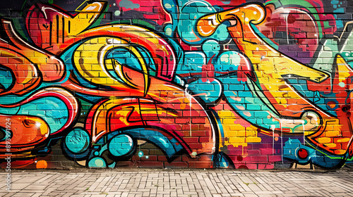 Abstract bold beautiful graffiti urban street art background on outdoor brick wall colorful tags shapes dynamic art urban renewal neighborhood beautification public art city street